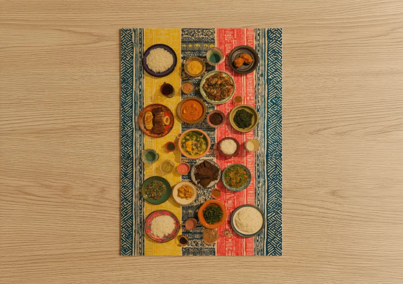 Art print on warm oak wood — gold and red palette — Kwanzaa Feast poster