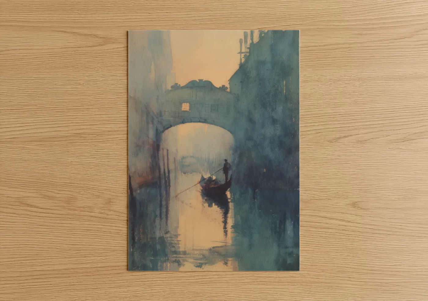 Art print on warm oak wood — blue and gold and gray and white palette — Venice Gondola poster