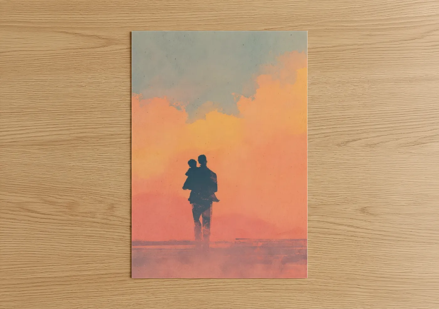 Father's day art print on warm oak wood — salmon pink and gold palette — Father's Bond poster