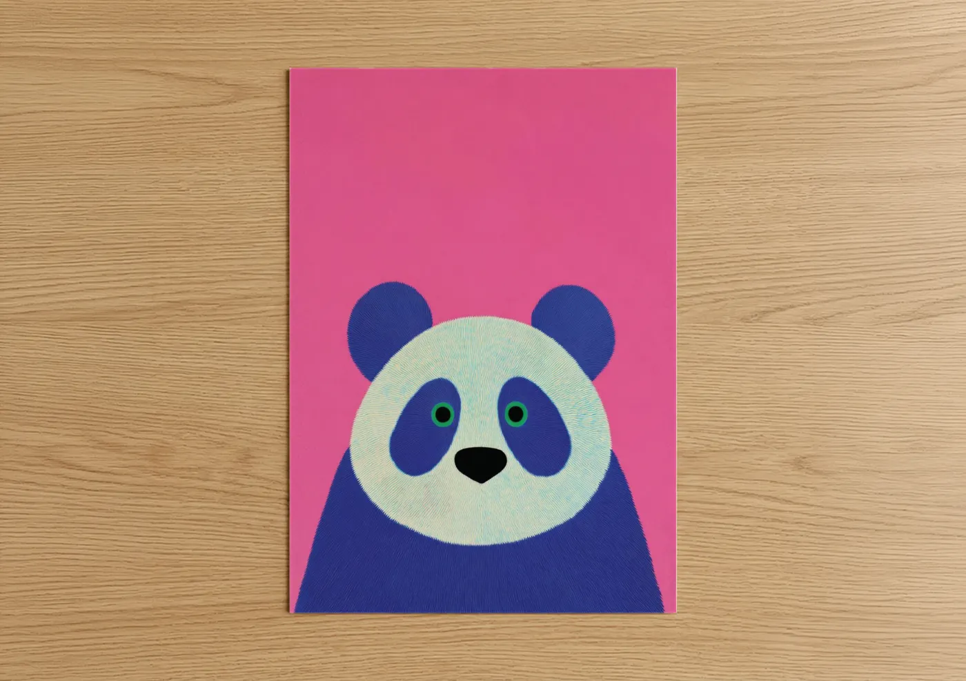 Art print on warm oak wood — magenta and blue palette — Pop Art Panda poster