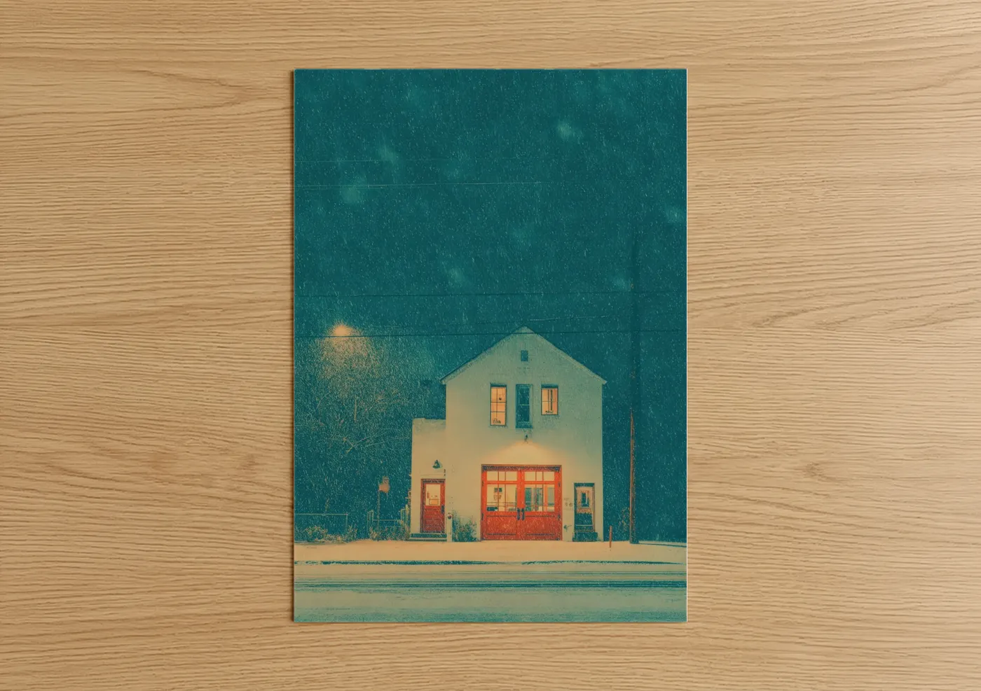 Art print on warm oak wood — teal and peach palette — Vintage Fire Station poster