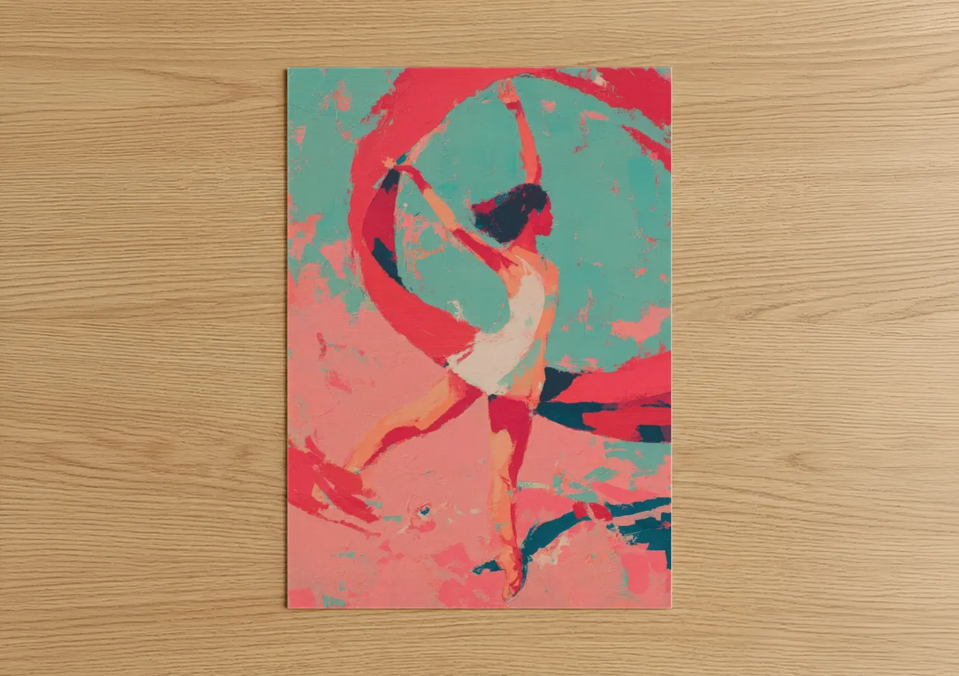 Gymnastics art print on warm oak wood — pink and teal palette — Crimson Acrobat poster