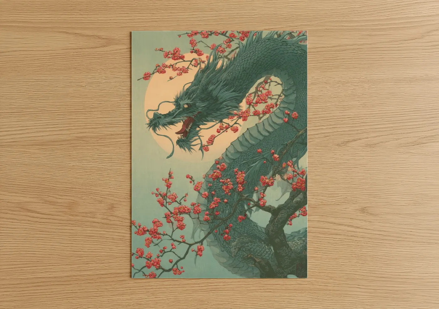 Art print on warm oak wood — green and red palette — Dragon Blossoms poster
