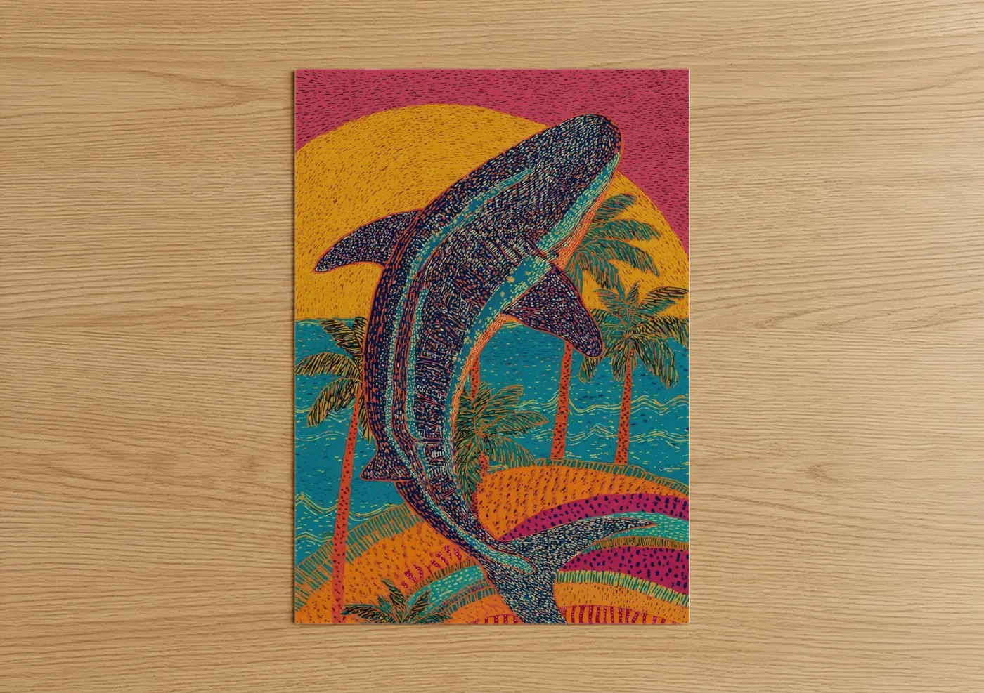 Art print on warm oak wood — gold and teal palette — Tropical Whale Shark poster