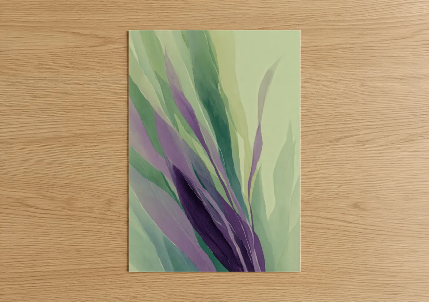 Herbs art print on warm oak wood — light green and lavender palette — Purple Herb Blades poster
