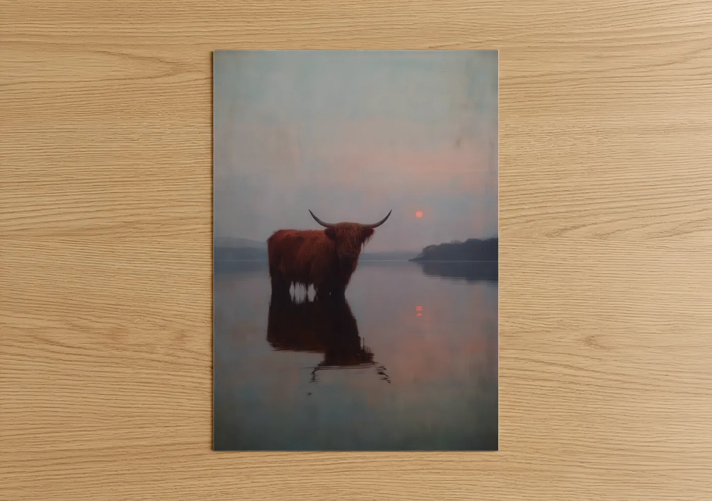 Highland cow art print on warm oak wood — russet and dove gray palette — Misty Highland Wading poster