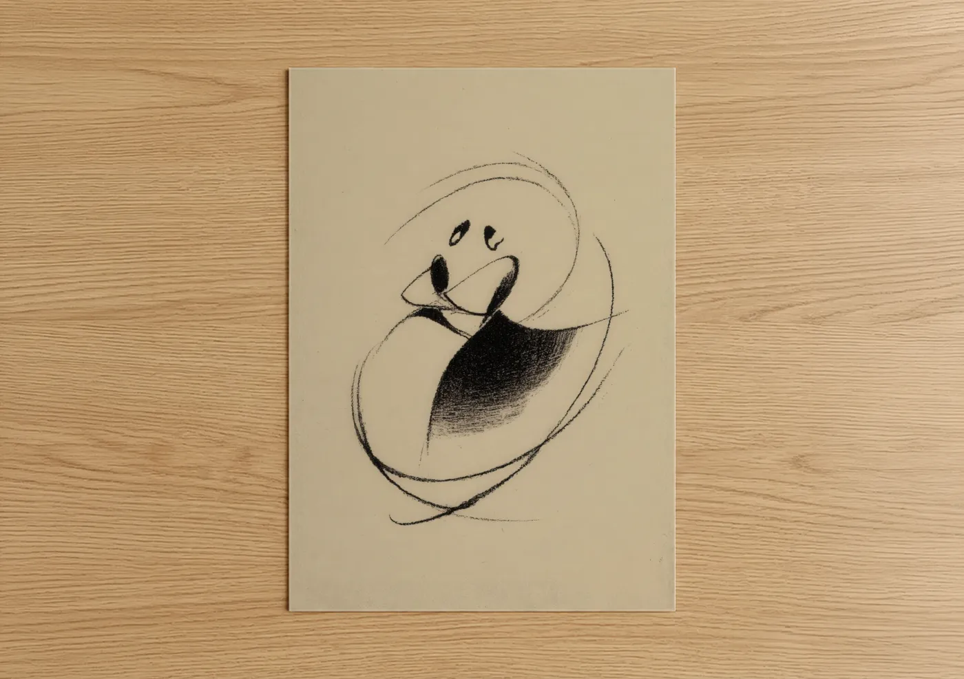 Art print on warm oak wood — black and white and beige palette — Graceful Aikido Practitioner poster
