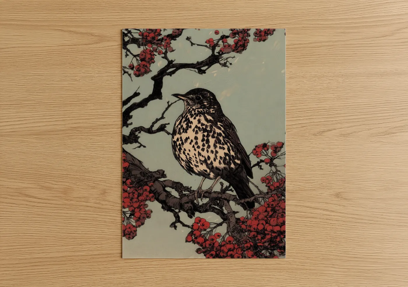 Speckled Thrush Red Berries Wall Art