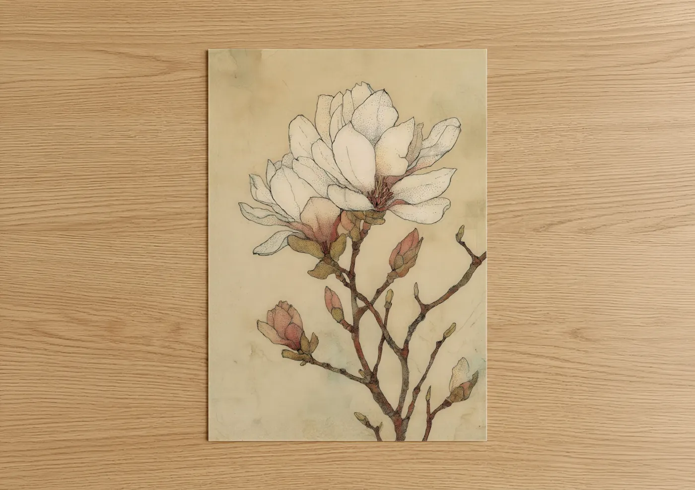 Art print on warm oak wood — cream and peach palette — Blush Magnolia poster