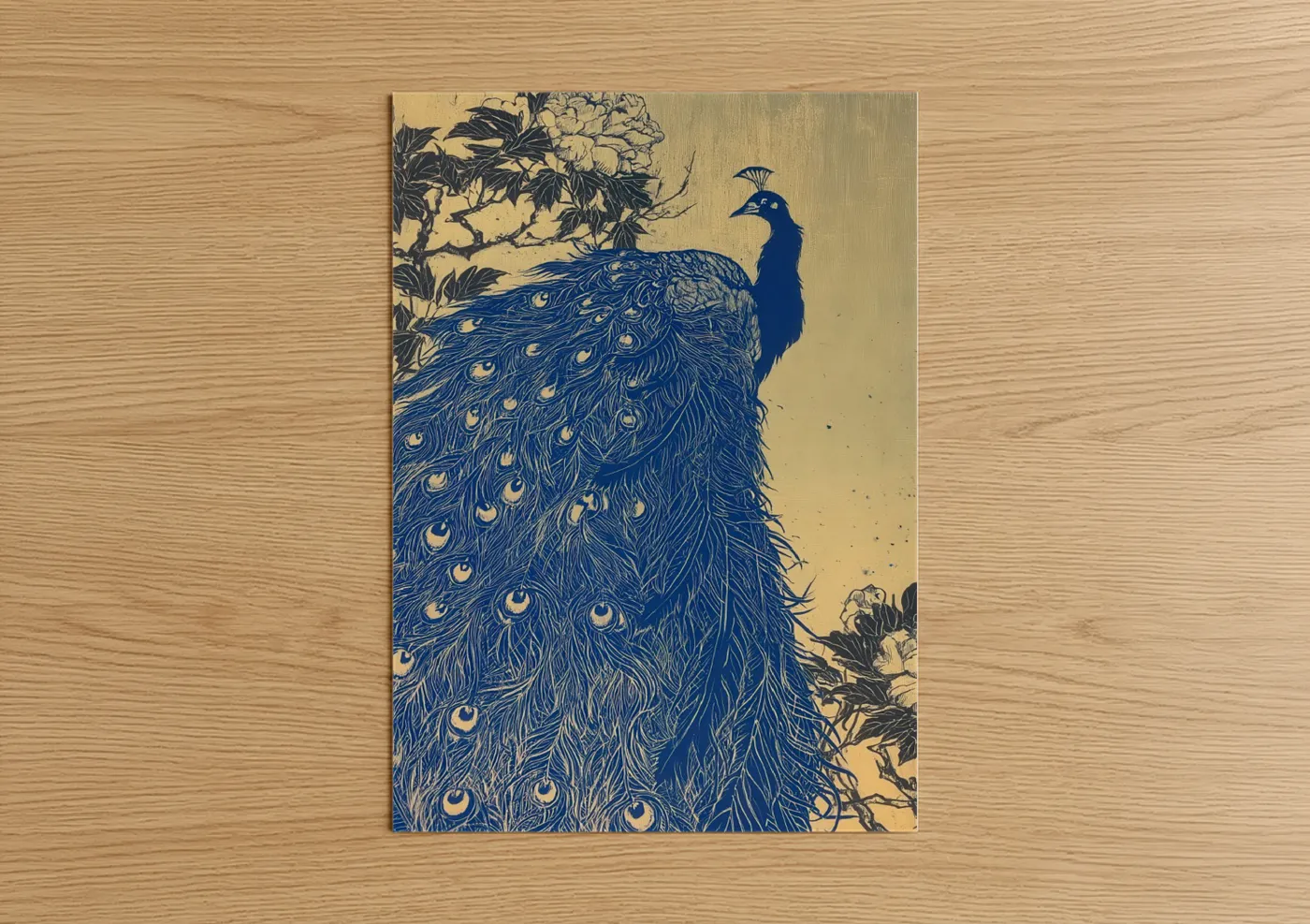 Art print on warm oak wood — blue and gold palette — Royal Peacock poster