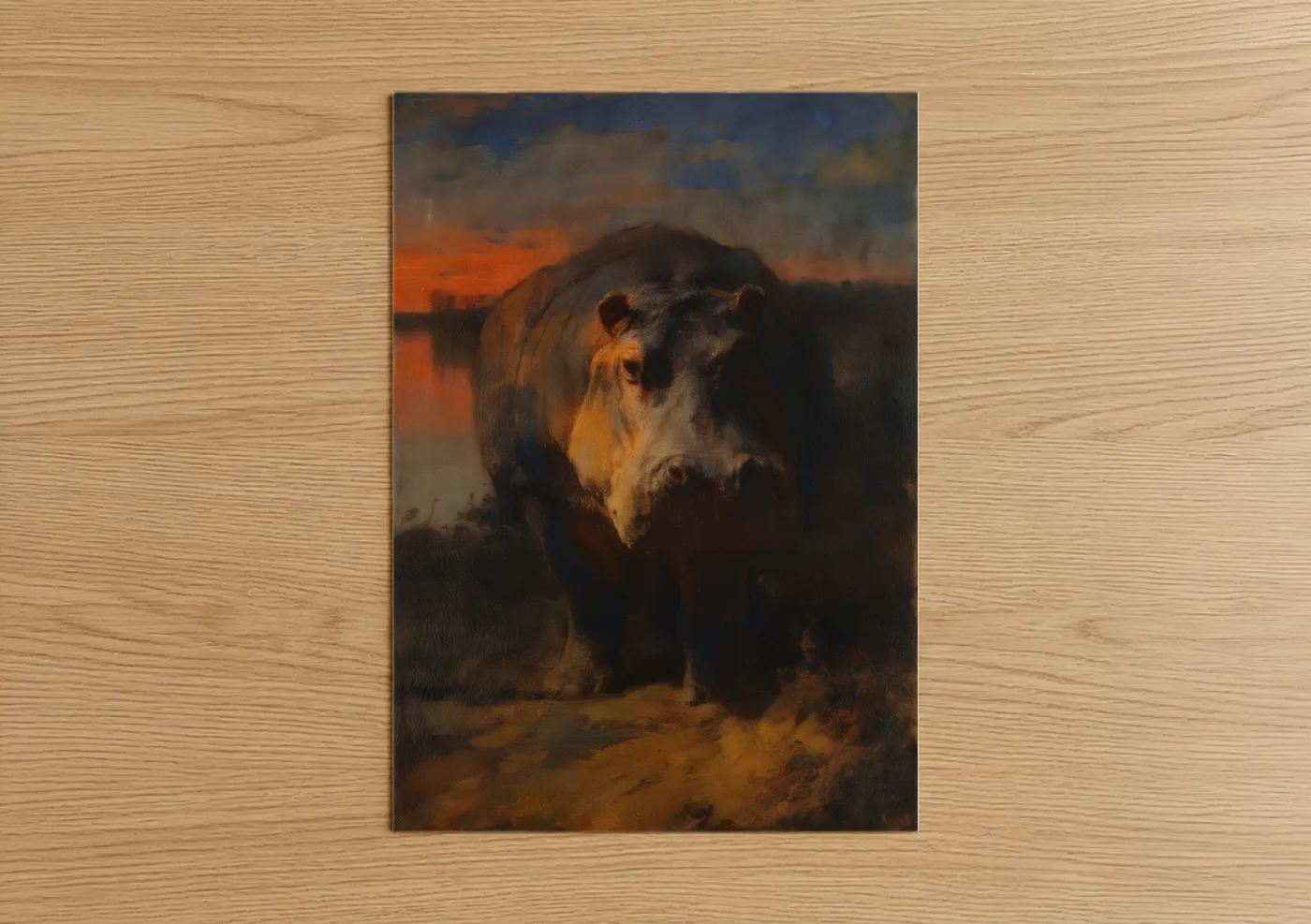 Art print on warm oak wood — gold and brown palette — Golden Hour Hippo poster