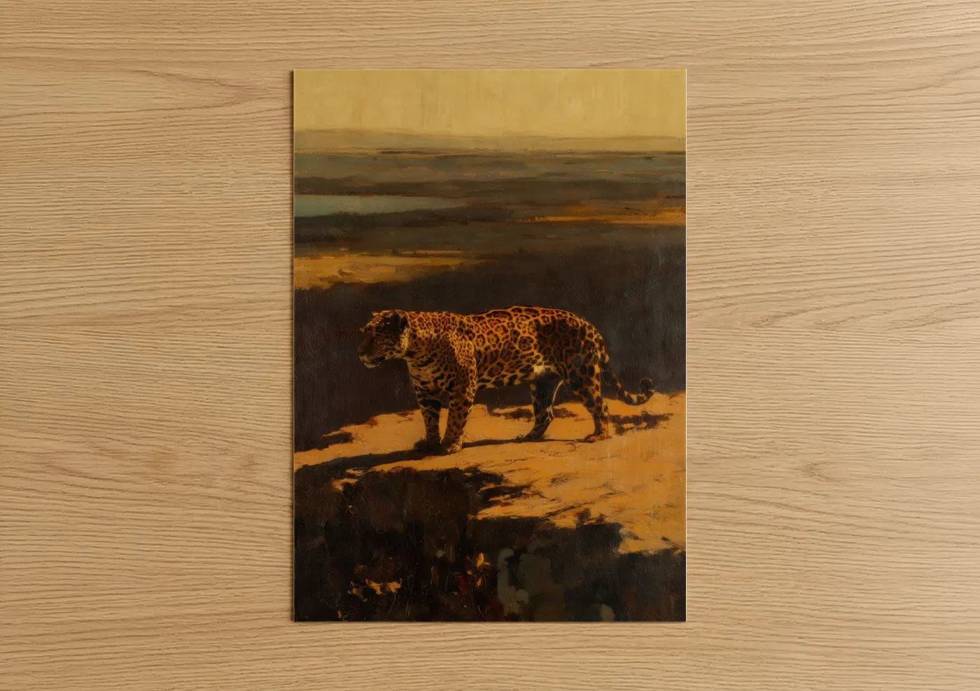 Art print on warm oak wood — gold and brown palette — Golden Jaguar poster