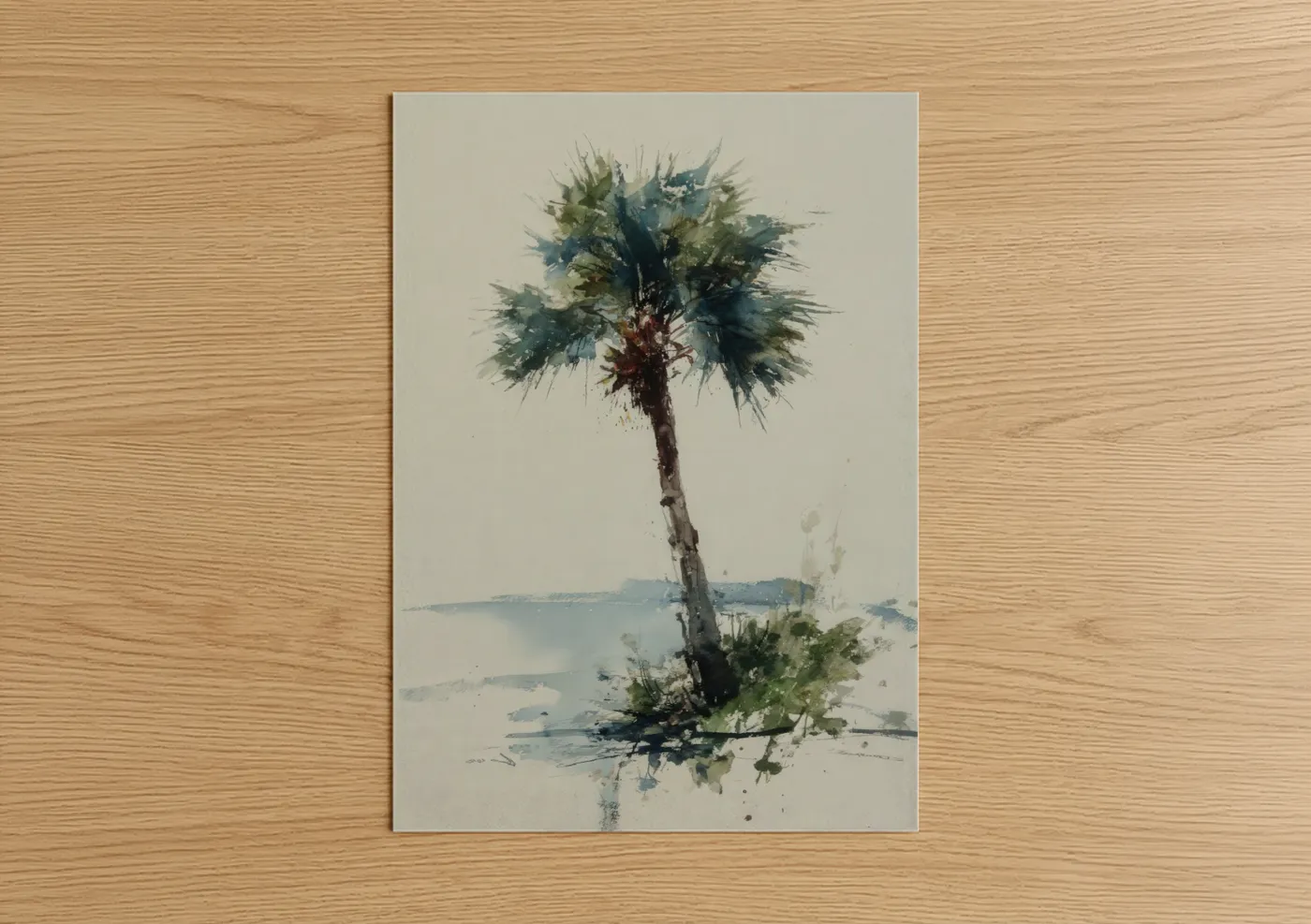 Palm tree art print on warm oak wood — teal and sage green palette — Tropical Waterside Palm poster