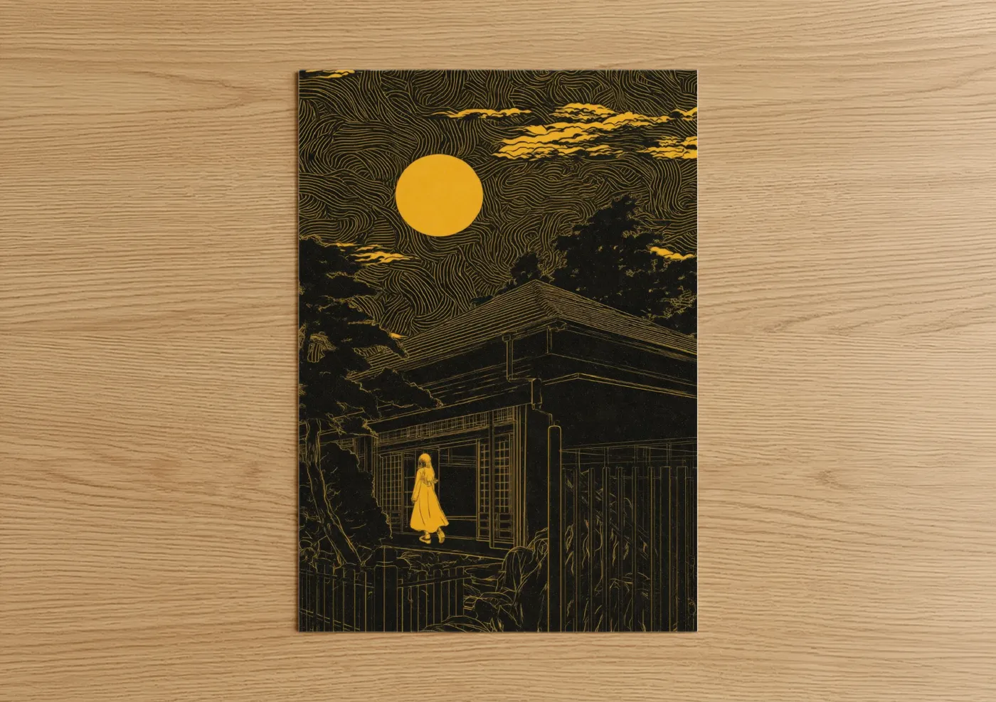 Abstract classic art print on warm oak wood — yellow gold and black palette — Moonlit Solitude poster