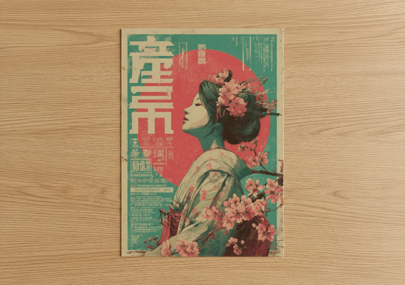 Vintage japanese ads art print on warm oak wood — teal and salmon pink palette — Cherry Blossom Portrait poster