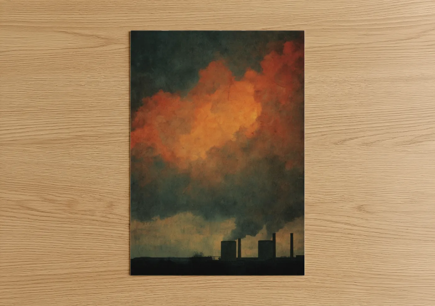 Art print on warm oak wood — orange and gray palette — Crimson Storm poster