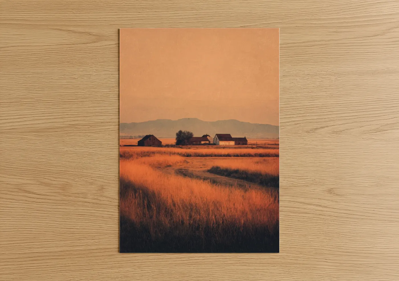 Art print on warm oak wood — orange and gold palette — Golden Hour Village poster