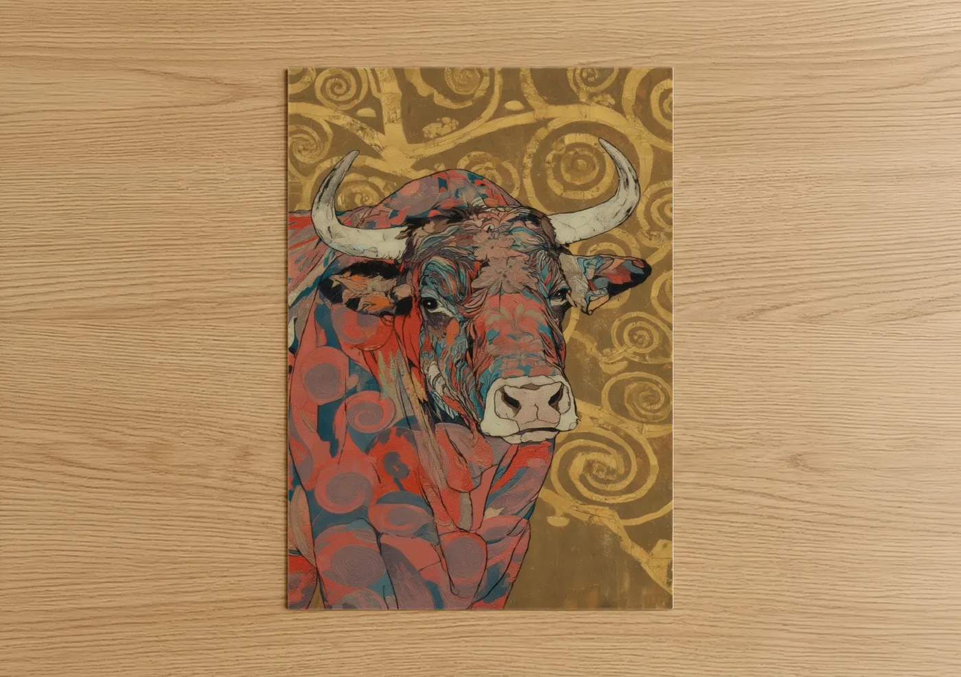 Art print on warm oak wood — red and gold palette — Patterned Bull poster