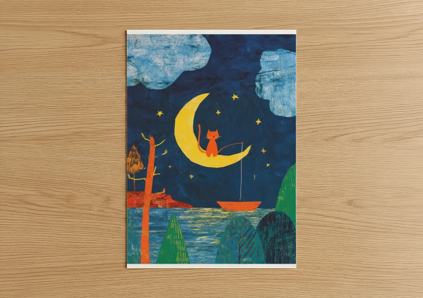 Orange Cat Fishing on Moon Night Sky Wall Art