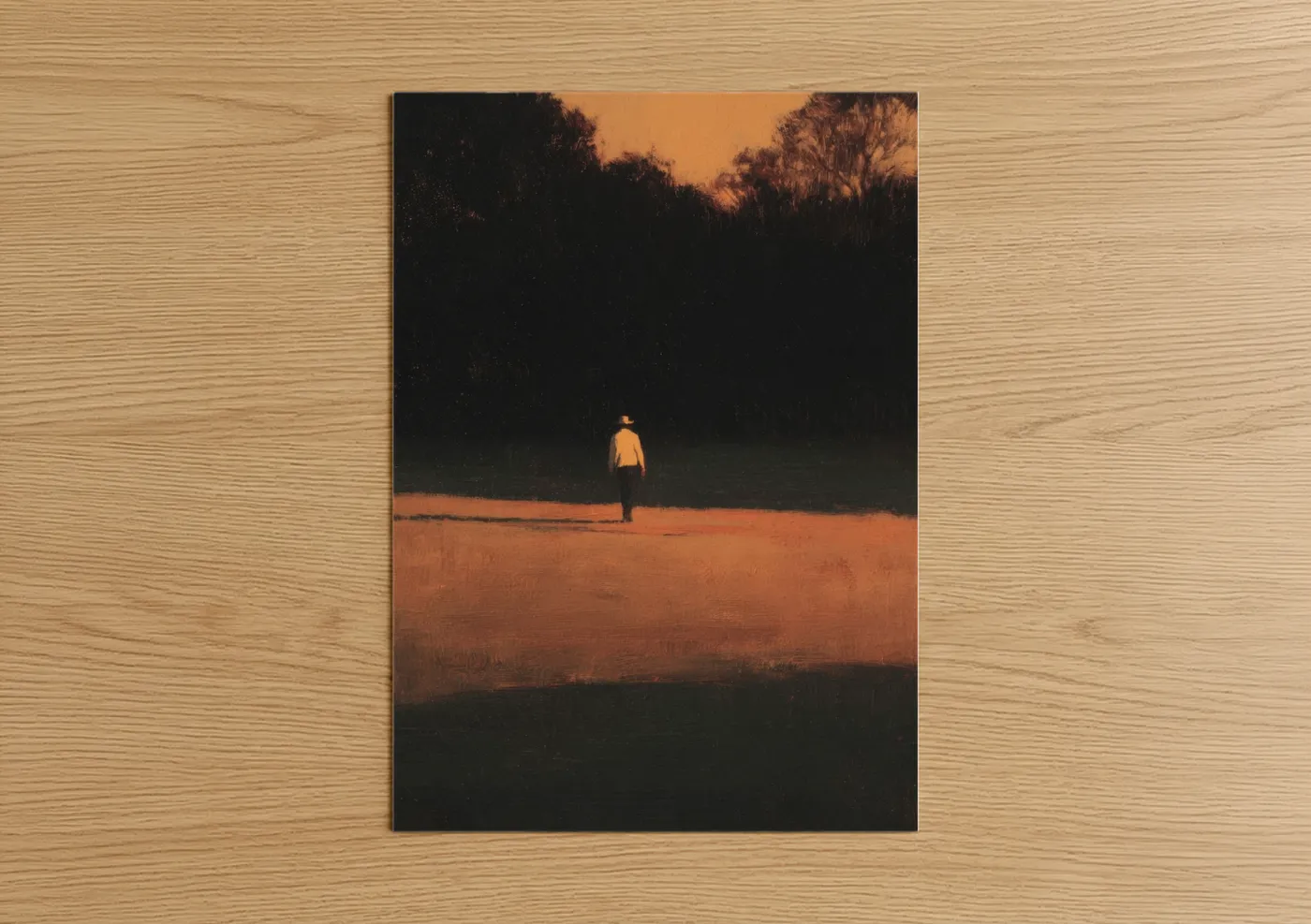 Art print on warm oak wood — gold and black palette — Golden Solitude Cricket poster