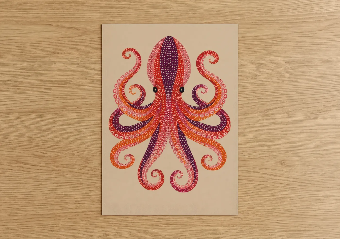 Art print on warm oak wood — orange and purple palette — Dotted Octopus Geometric Wall Art poster