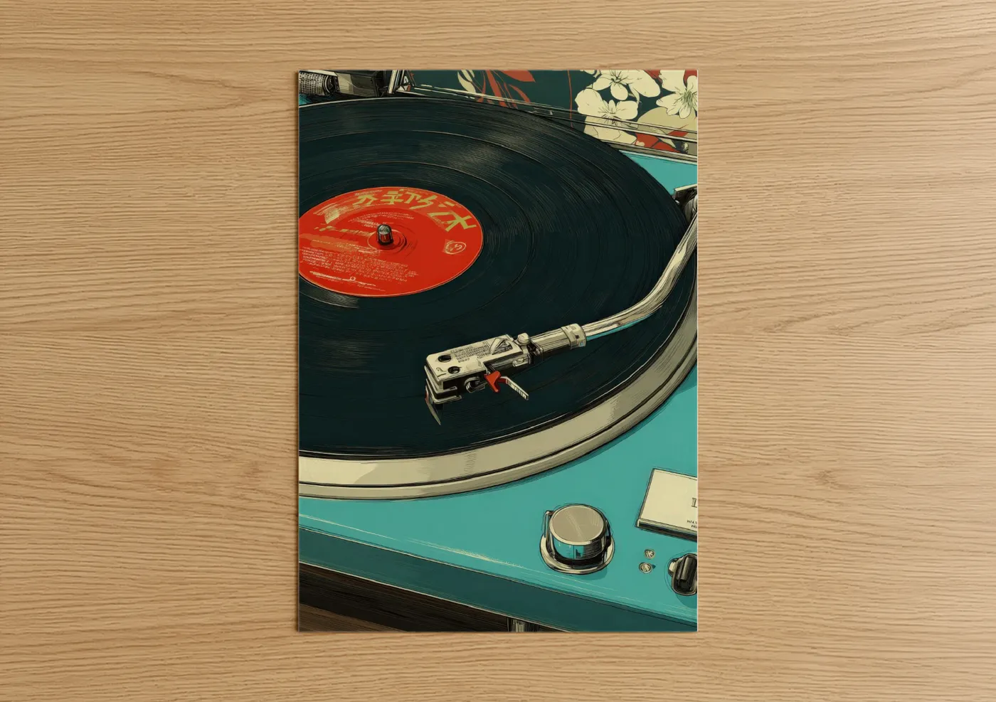 Vinyl records art print on warm oak wood — teal and black palette — Turquoise Turntable poster