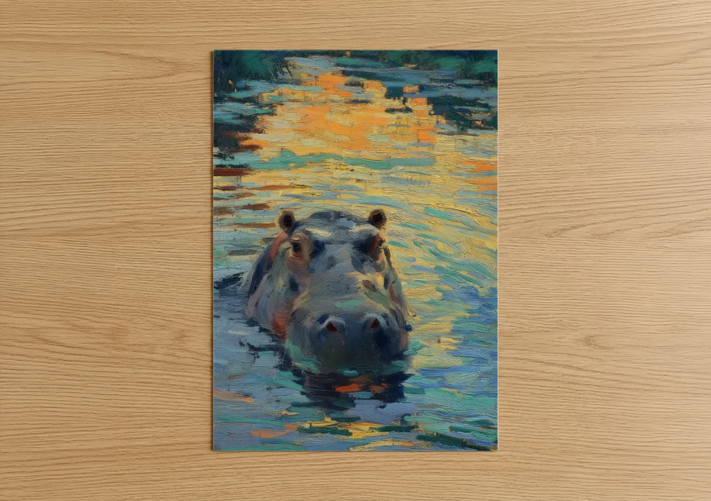 Art print on warm oak wood — gold and teal palette — Golden Hour Hippo poster