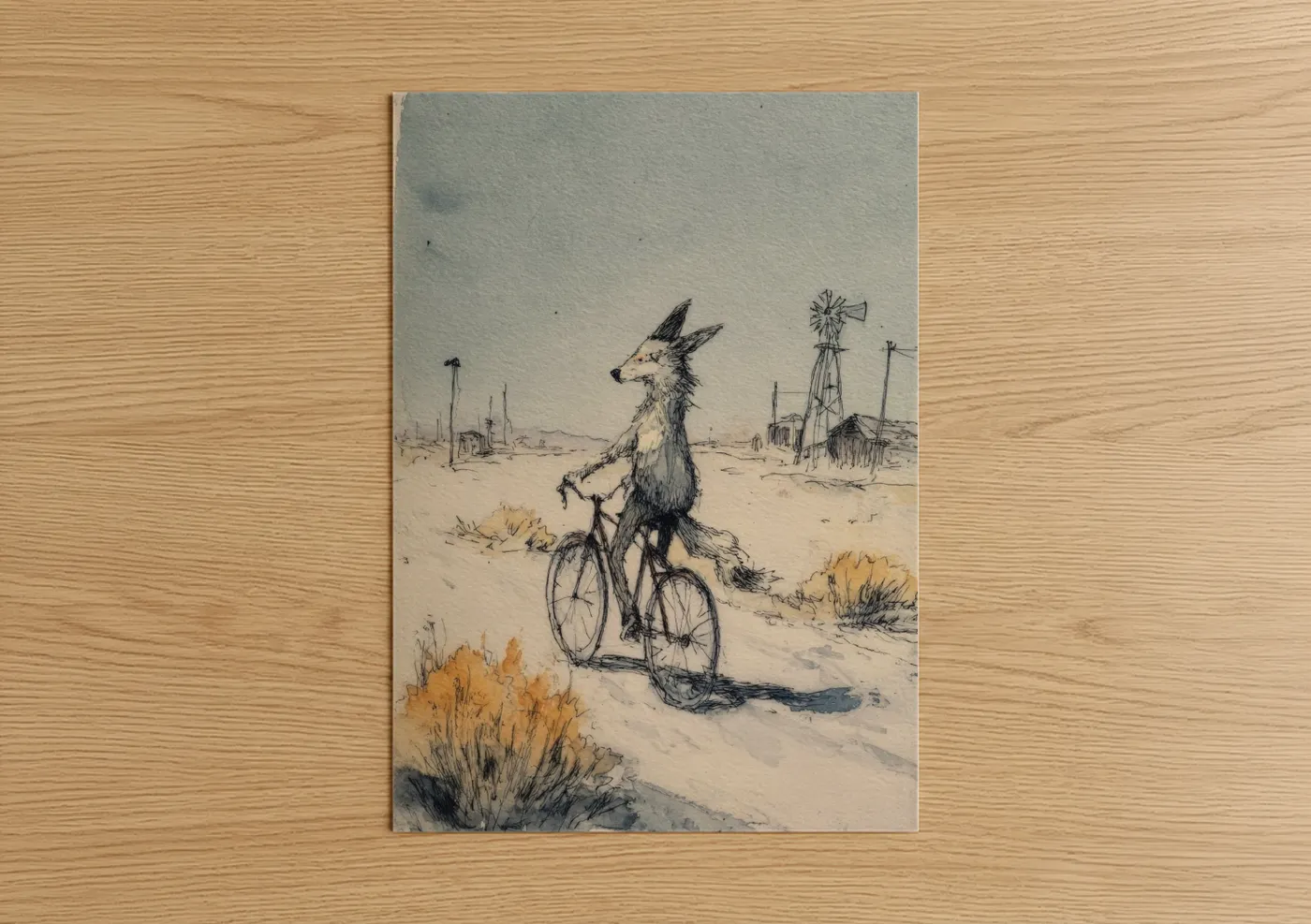 Desert Coyote on Bicycle Watercolor Wall Art
