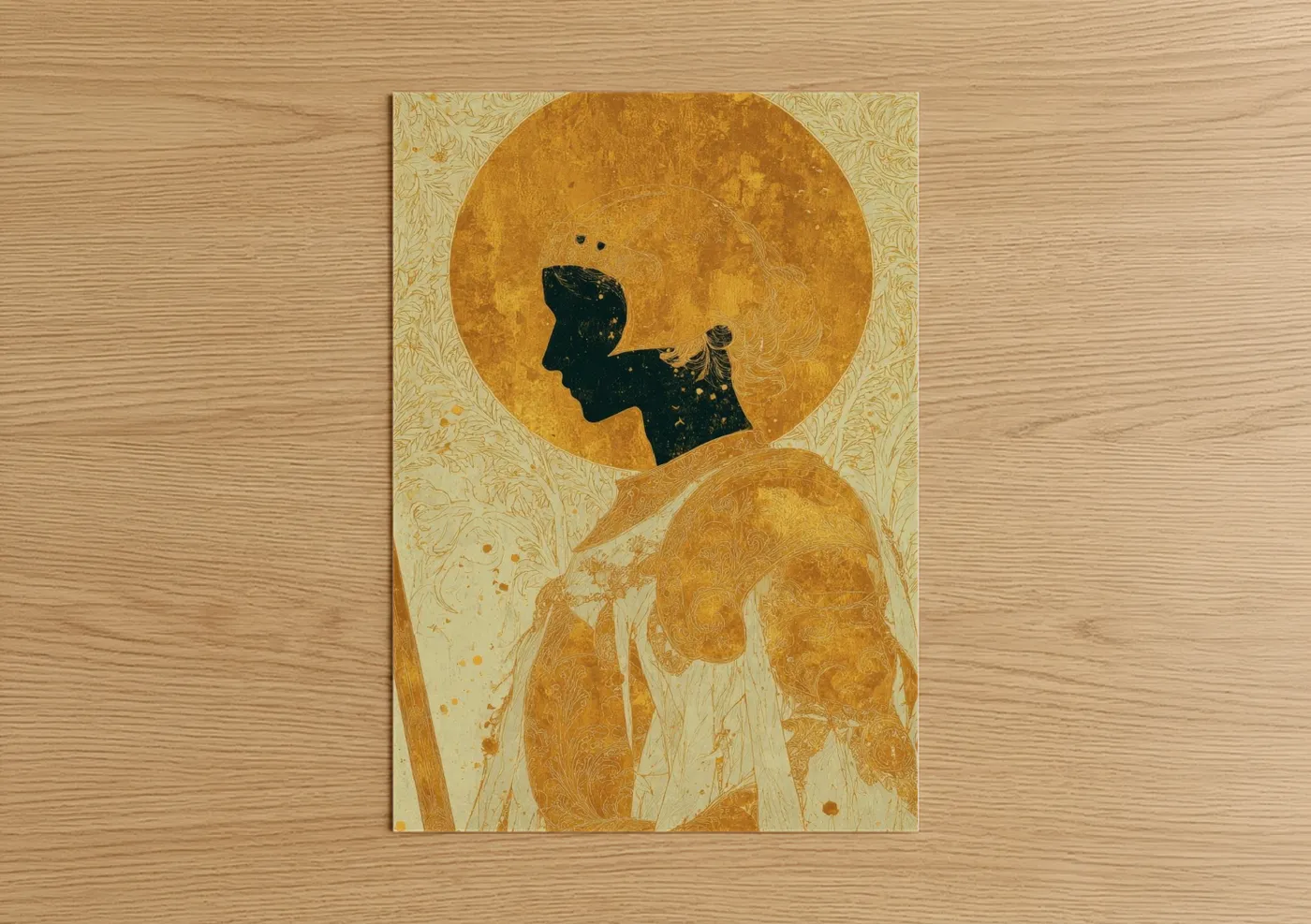 Joan of arc art print on warm oak wood — gold and cream palette — Golden Joan poster