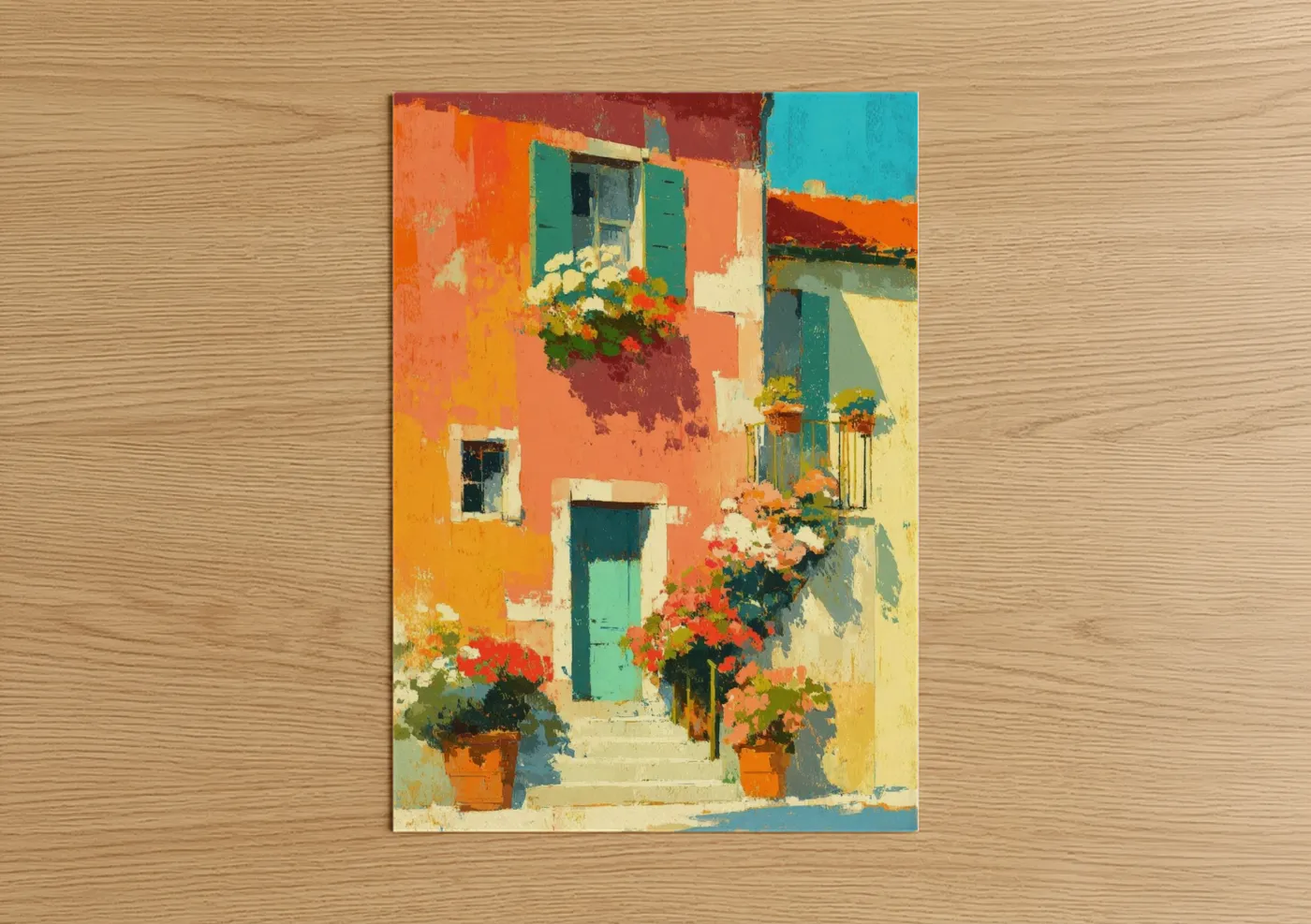 Art print on warm oak wood — orange and teal palette — Vibrant Mediterranean House poster
