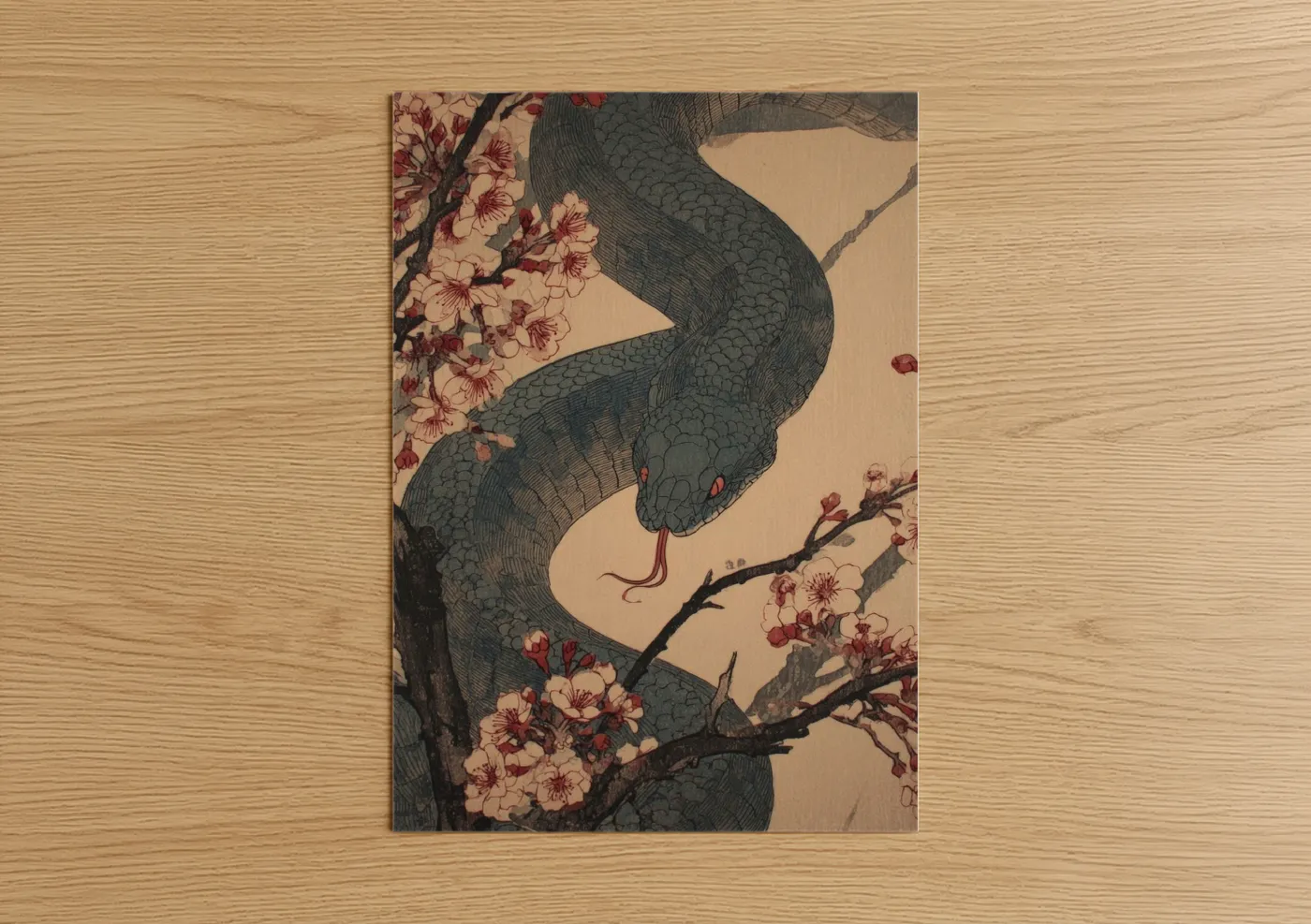 Art print on warm oak wood — cream and maroon palette — Cherry Blossom Python poster