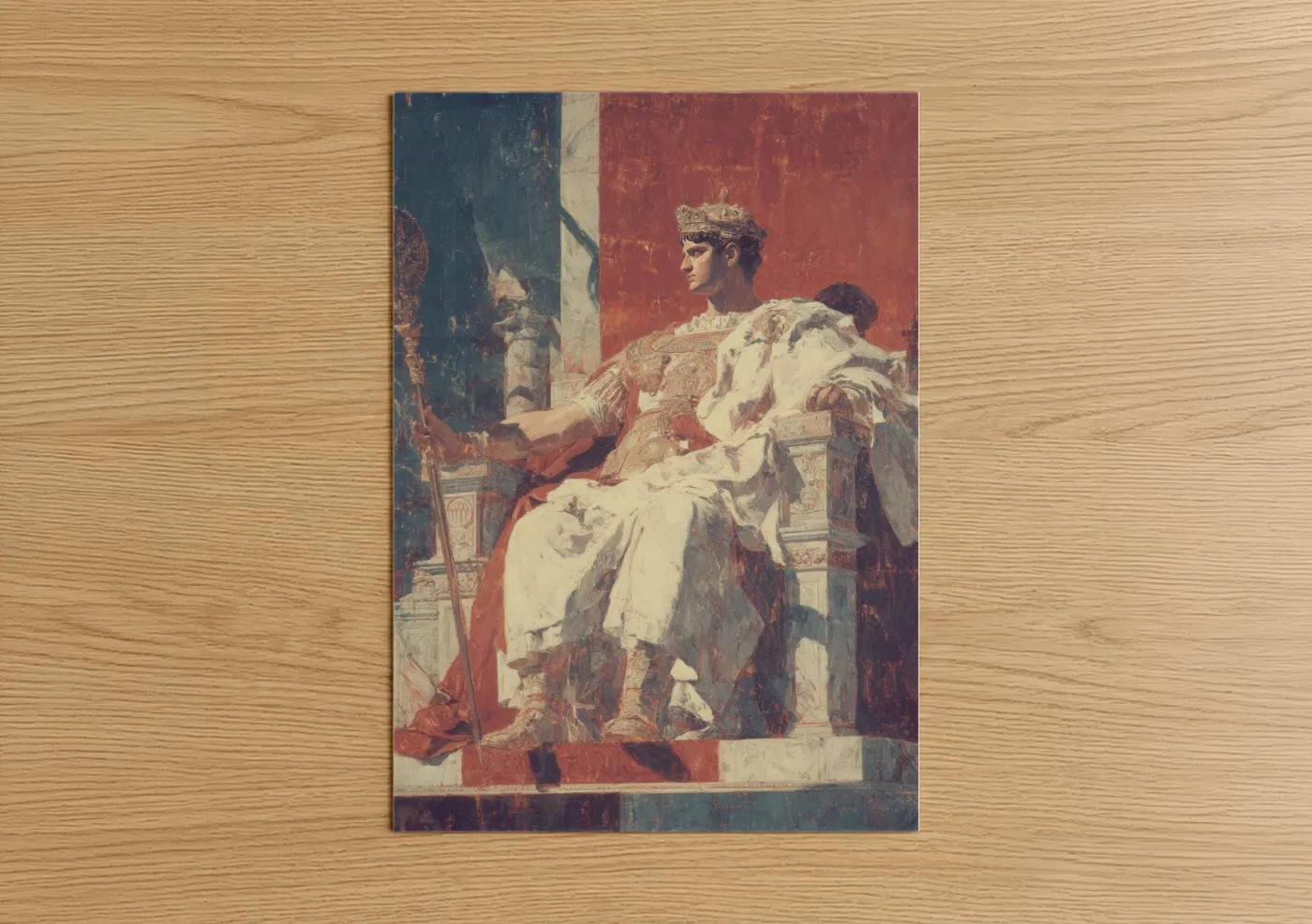 Constantine the great art print on warm oak wood — maroon and dark blue palette — Imperial Constantine Throne poster