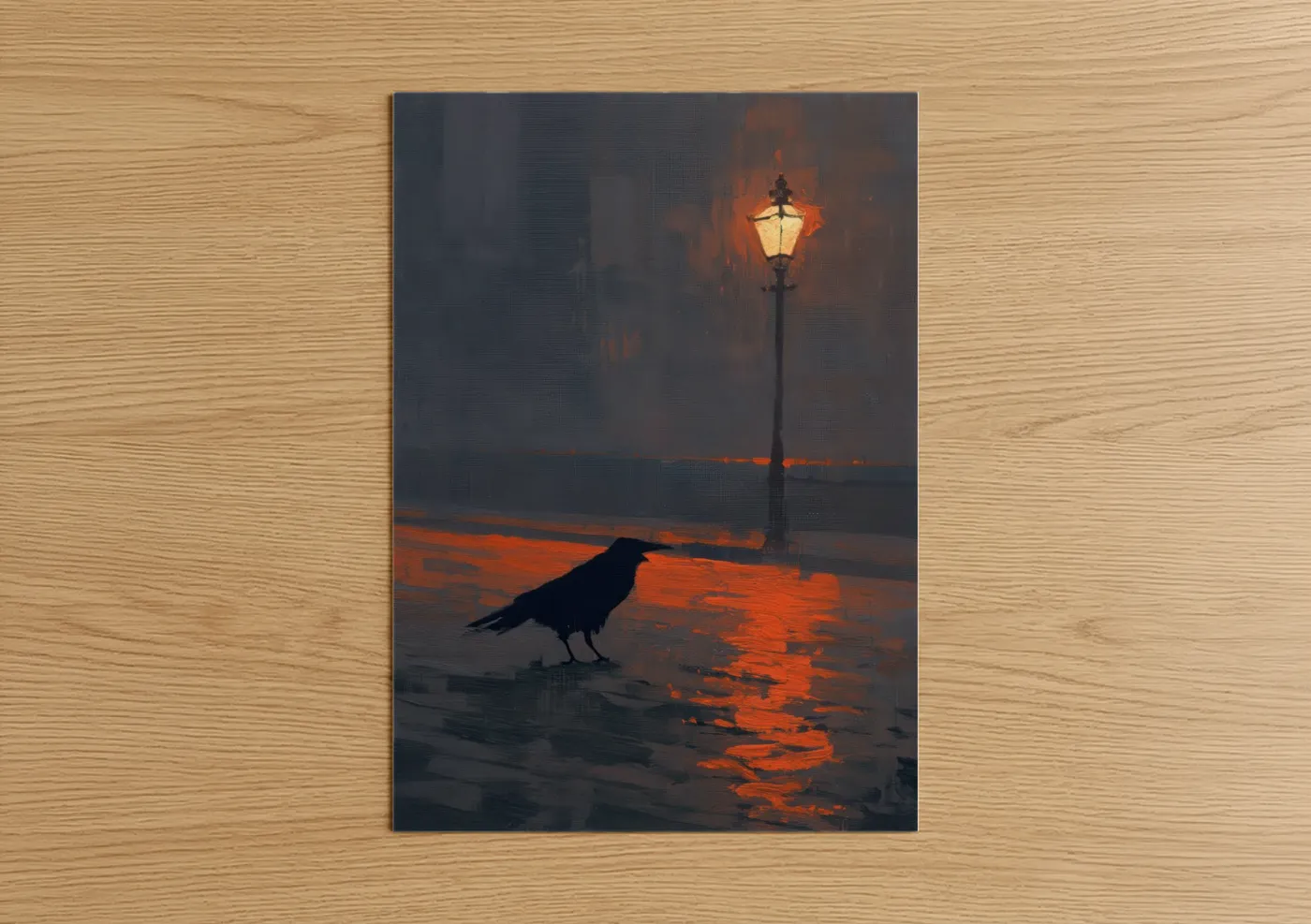 Crows and ravens art print on warm oak wood — orange and dark blue palette — Solitary Raven poster