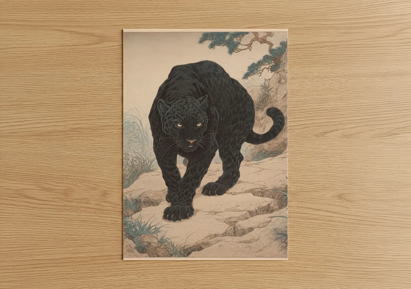 Art print on warm oak wood — black and gold palette — Golden-Eyed Panther poster