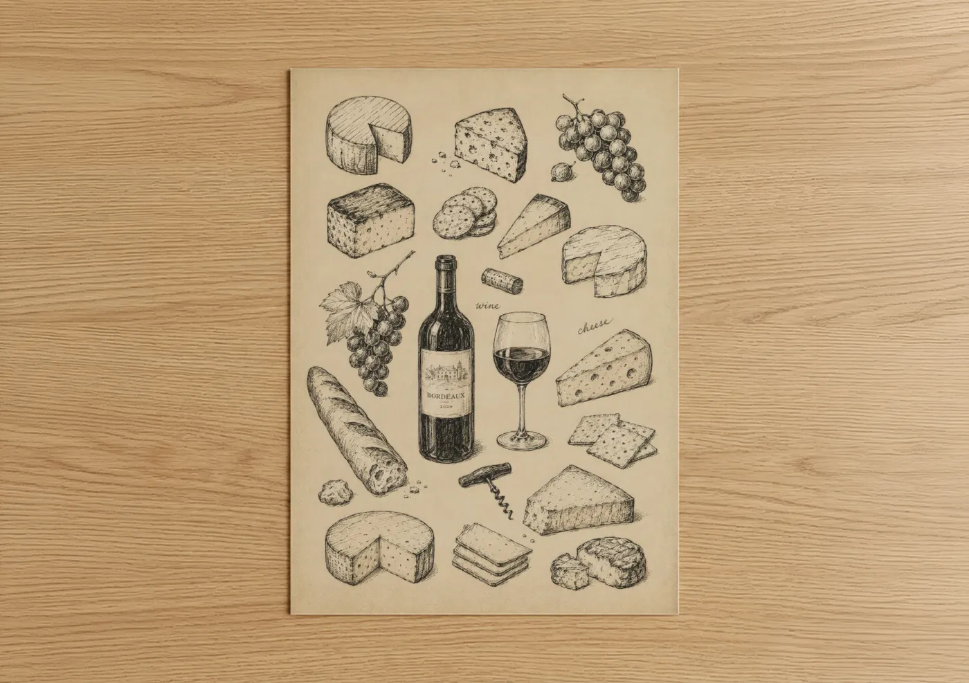 Art print on warm oak wood — beige and cream palette — Wine and Cheese Illustration Wall Art poster