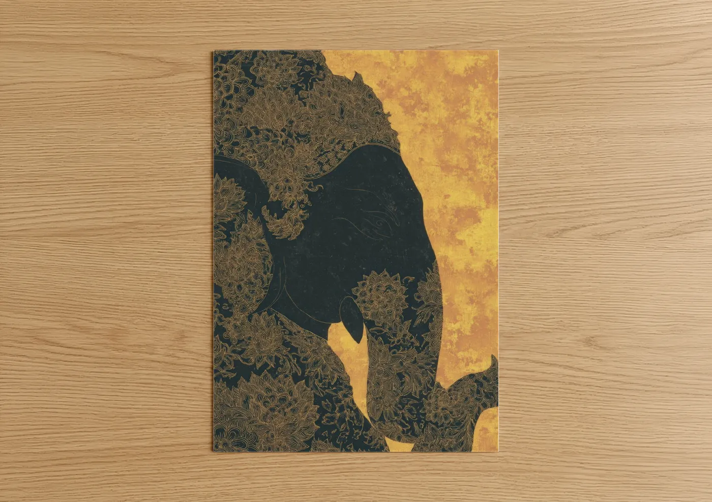 Hindu holidays art print on warm oak wood — gold and black palette — Golden Elephant Grace poster