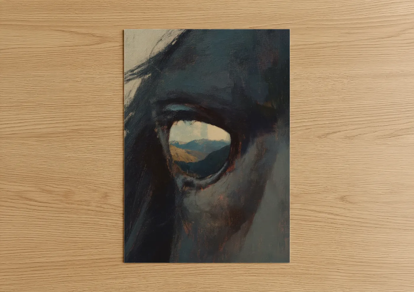 Friesian horse art print on warm oak wood — dark blue and cream palette — Mountain Friesian poster