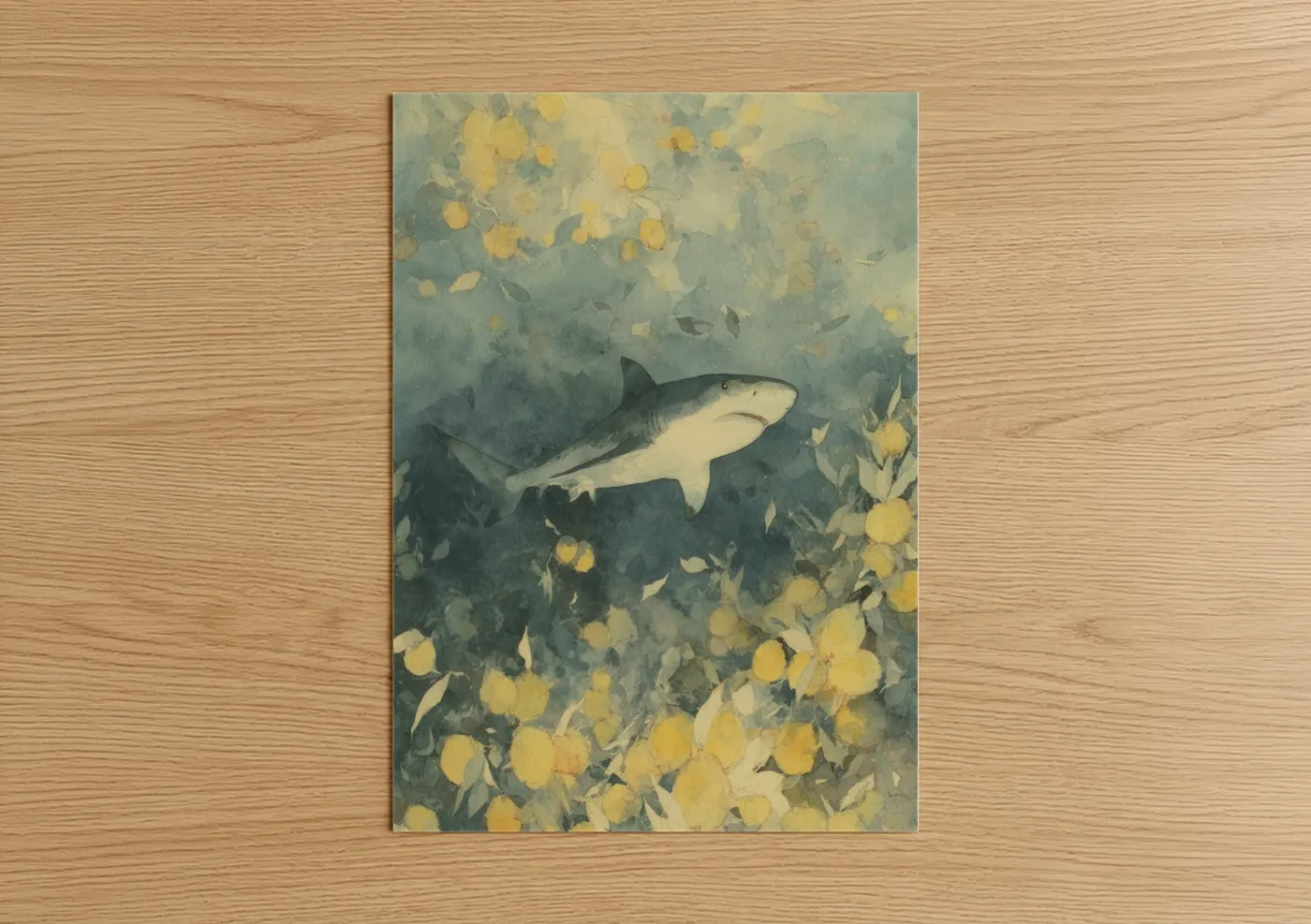 Art print on warm oak wood — gold and blue and gray palette — Golden Lemon Shark poster