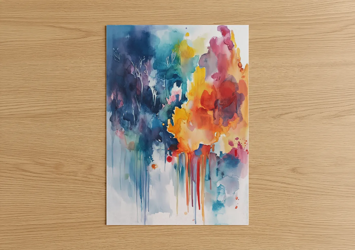 Abstract expressionism art print on warm oak wood — blue and orange palette — Chromatic Expression poster