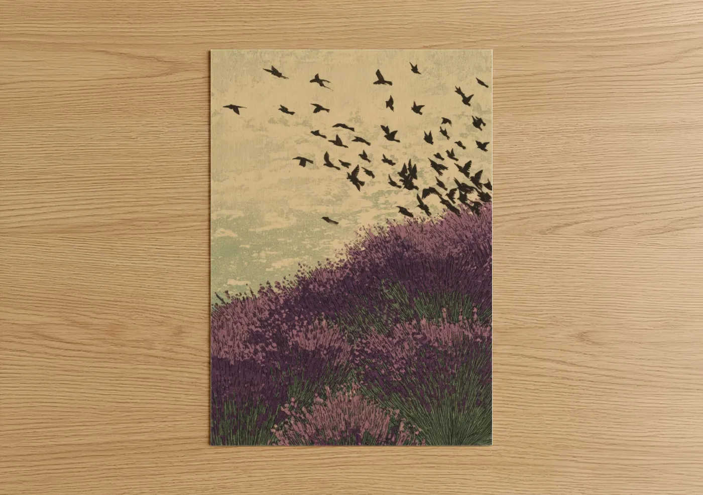 Lavender Field with Birds Flying Vintage Wall Art