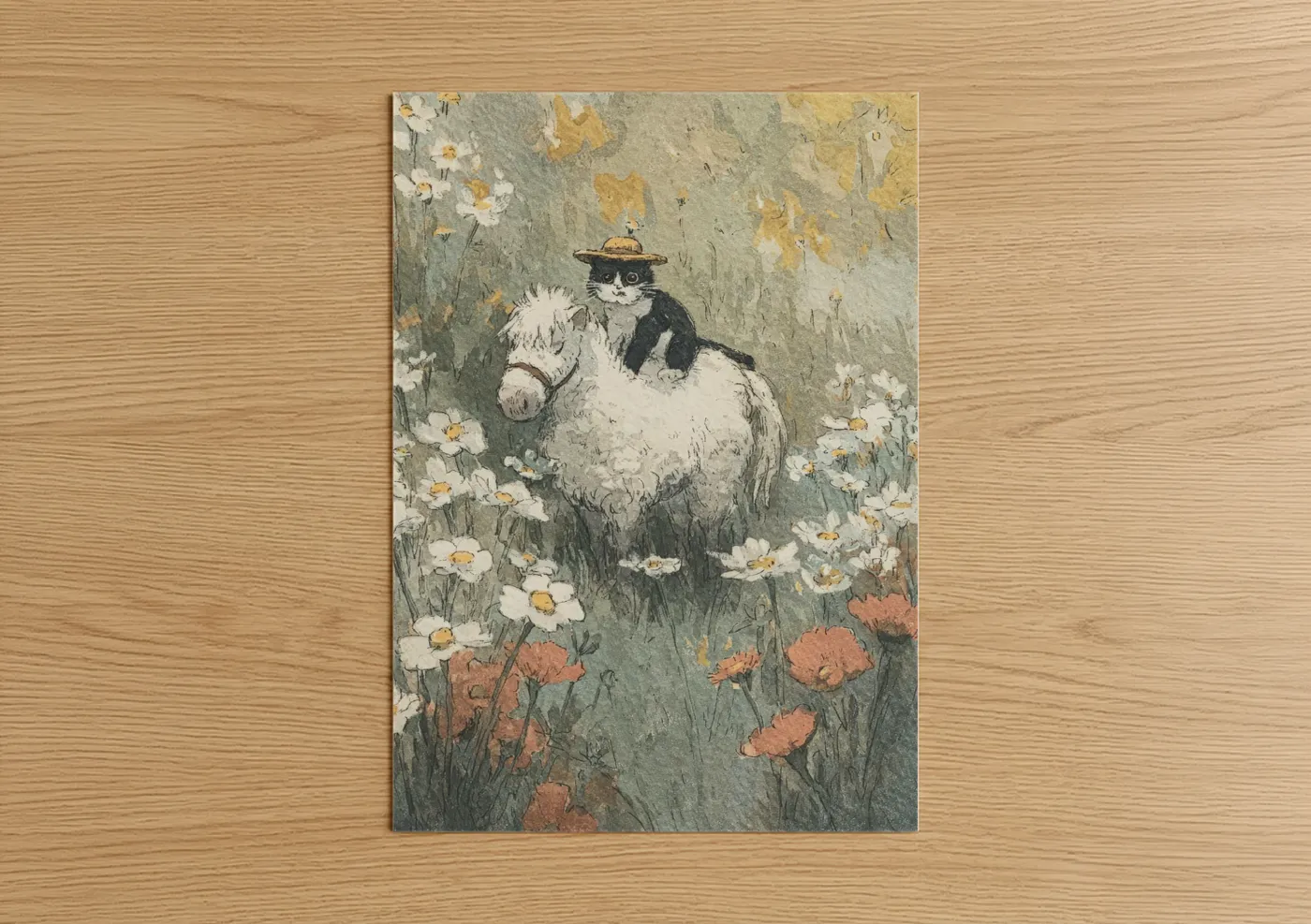 Cat on Horse in Flower Field Illustration Wall Art