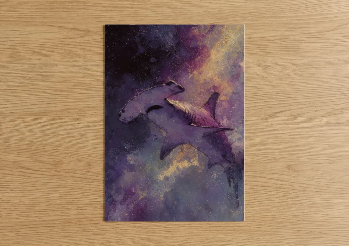 Cosmic Hammerhead Shark Watercolor Wall Art