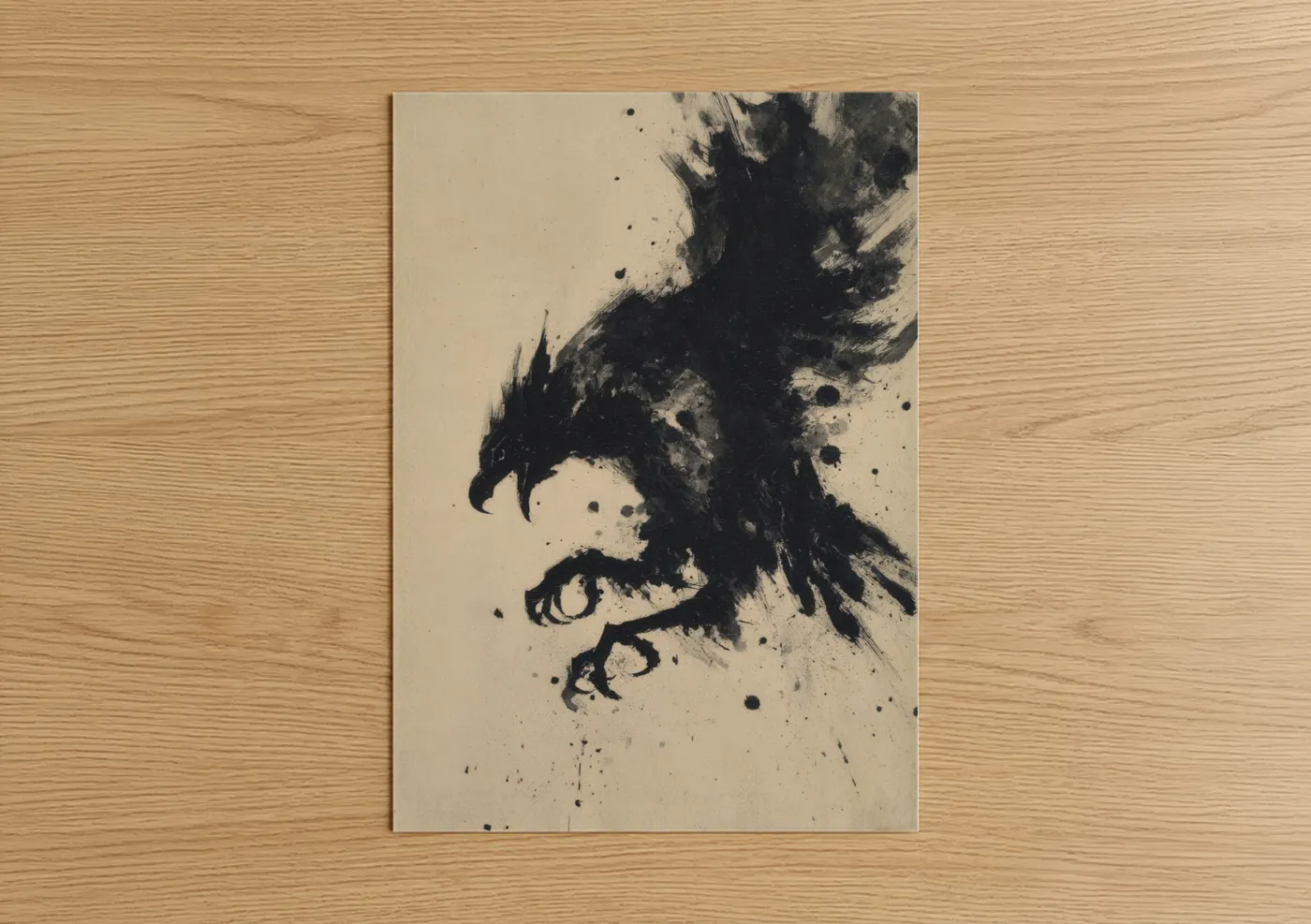 Art print on warm oak wood — black and white palette — Ink Griffin poster