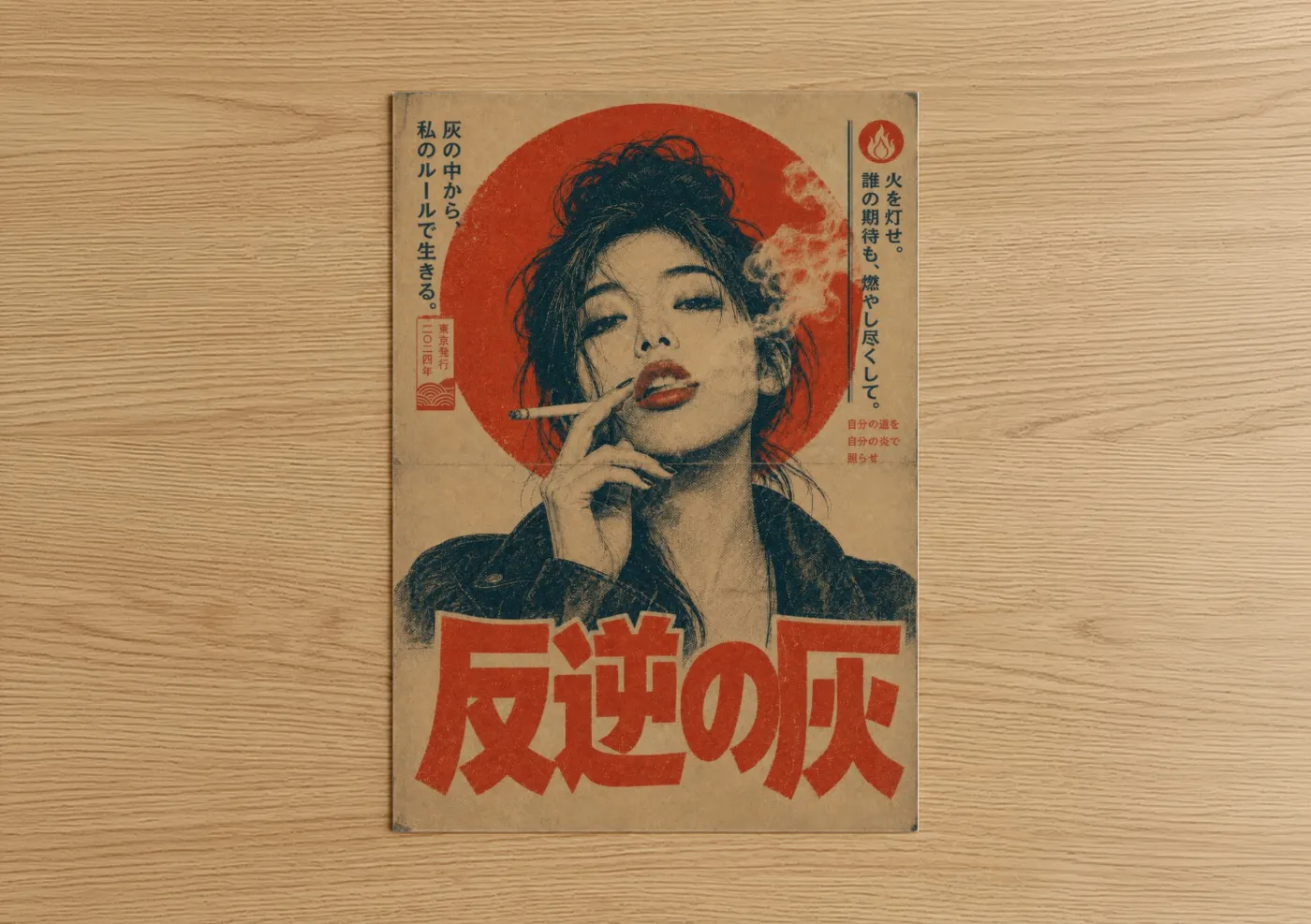 Art print on warm oak wood — red and beige palette — Retro Japanese Smoking Advertisement Wall Art poster
