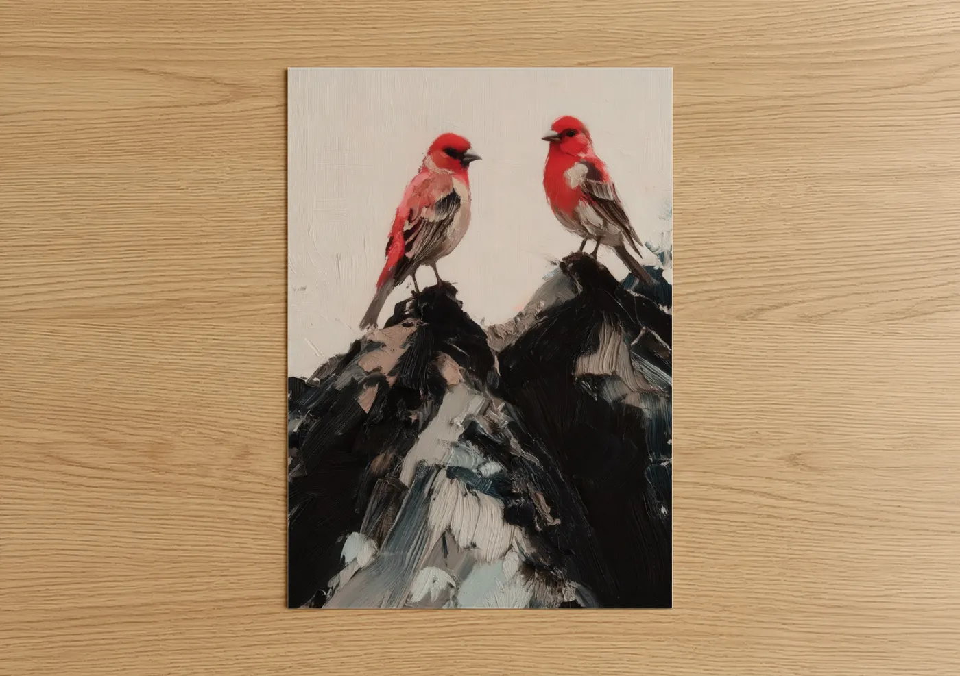 Art print on warm oak wood — red and black palette — Crimson Finch Pair poster