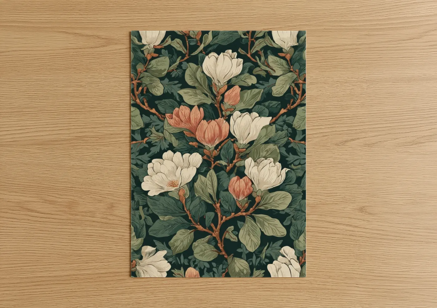 Art print on warm oak wood — dark green and cream palette — Magnolia Botanical poster