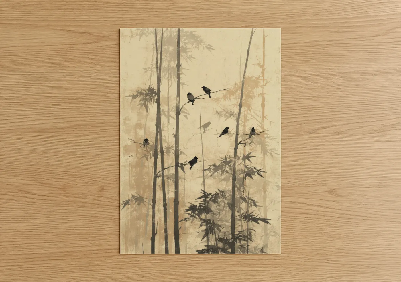 Bamboo jungle art print on warm oak wood — cream and dove gray palette — Bamboo Forest Birds poster