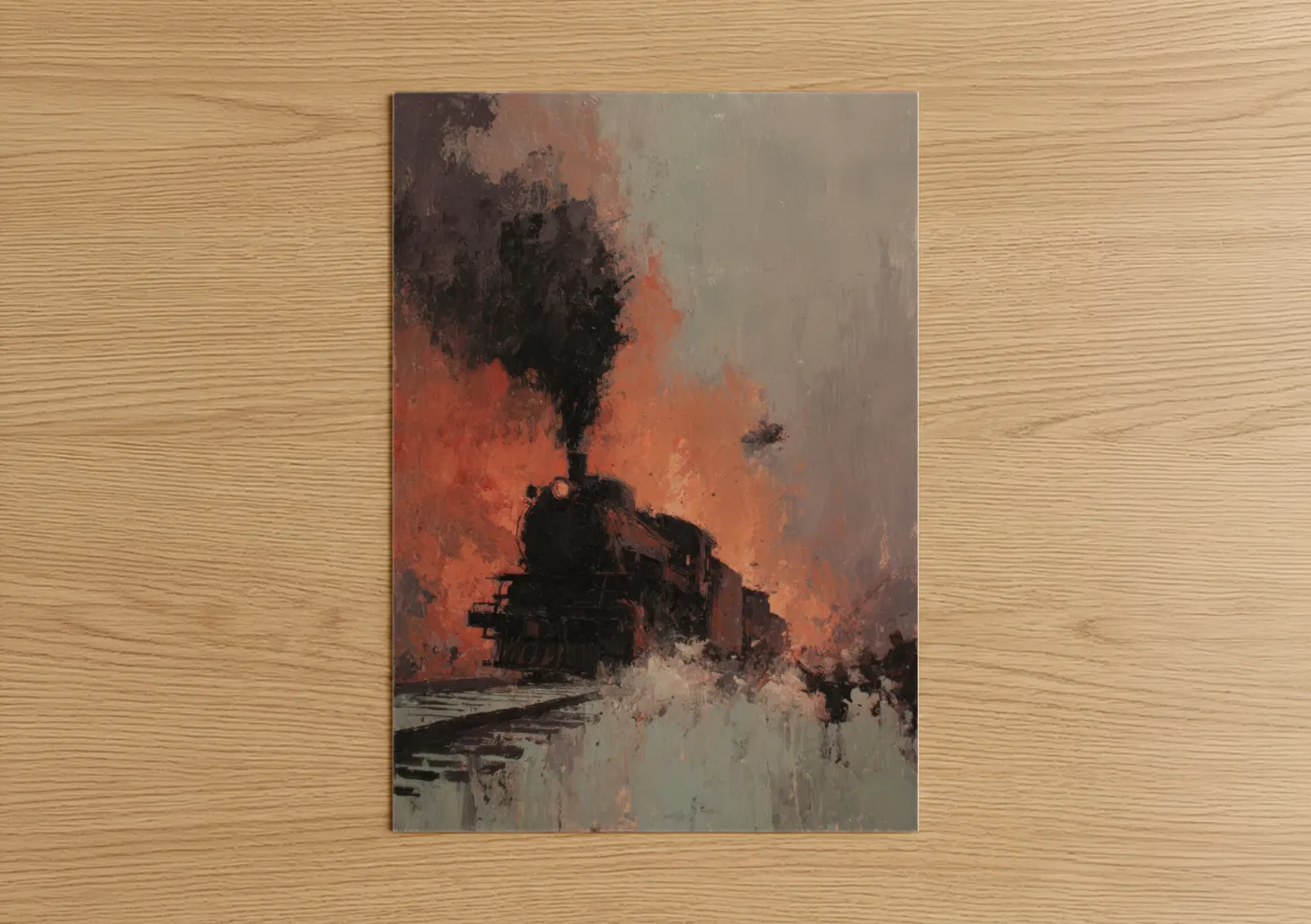 Art print on warm oak wood — red and black palette — Industrial Steam Train poster