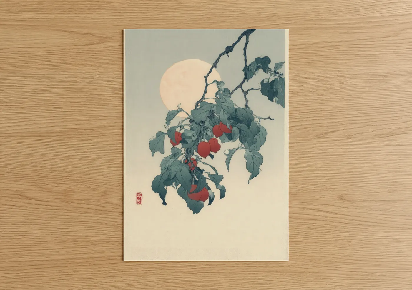 Banyan tree art print on warm oak wood — teal and cream palette — Moonlit Pomegranates poster