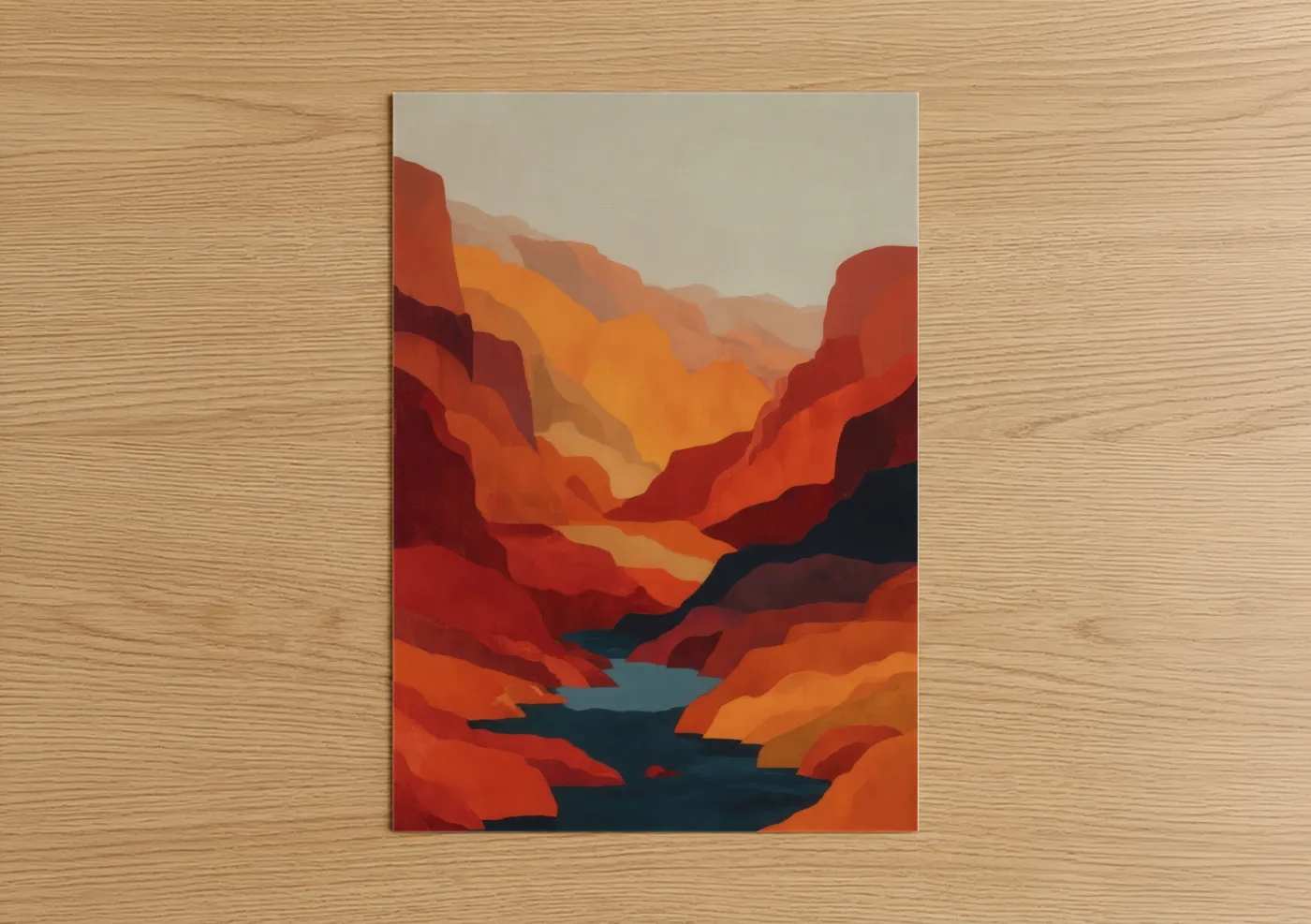 Art print on warm oak wood — red and orange palette — Crimson Canyon poster